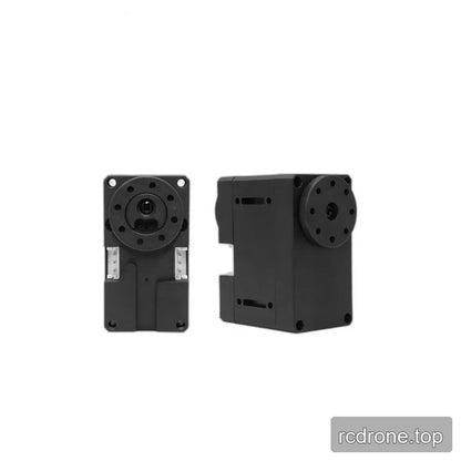 Side-by-side servo views showing the circular output plates, twin white connectors in one view, and slotted casing in the other.