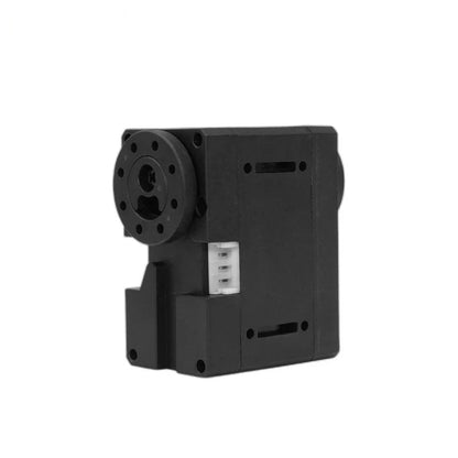 Black Kpower EM10 servo with circular output plate, white connector, and slotted side panel in an upright angled view.
