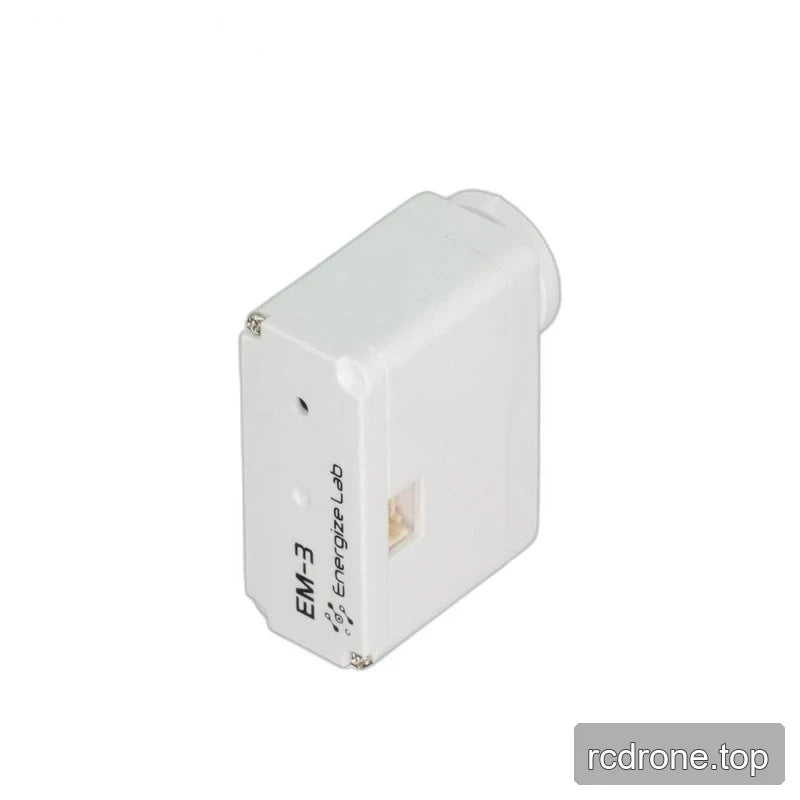 Rear view of the white servo showing the EM-3 and Energize Lab markings, corner screws and recessed side connector.