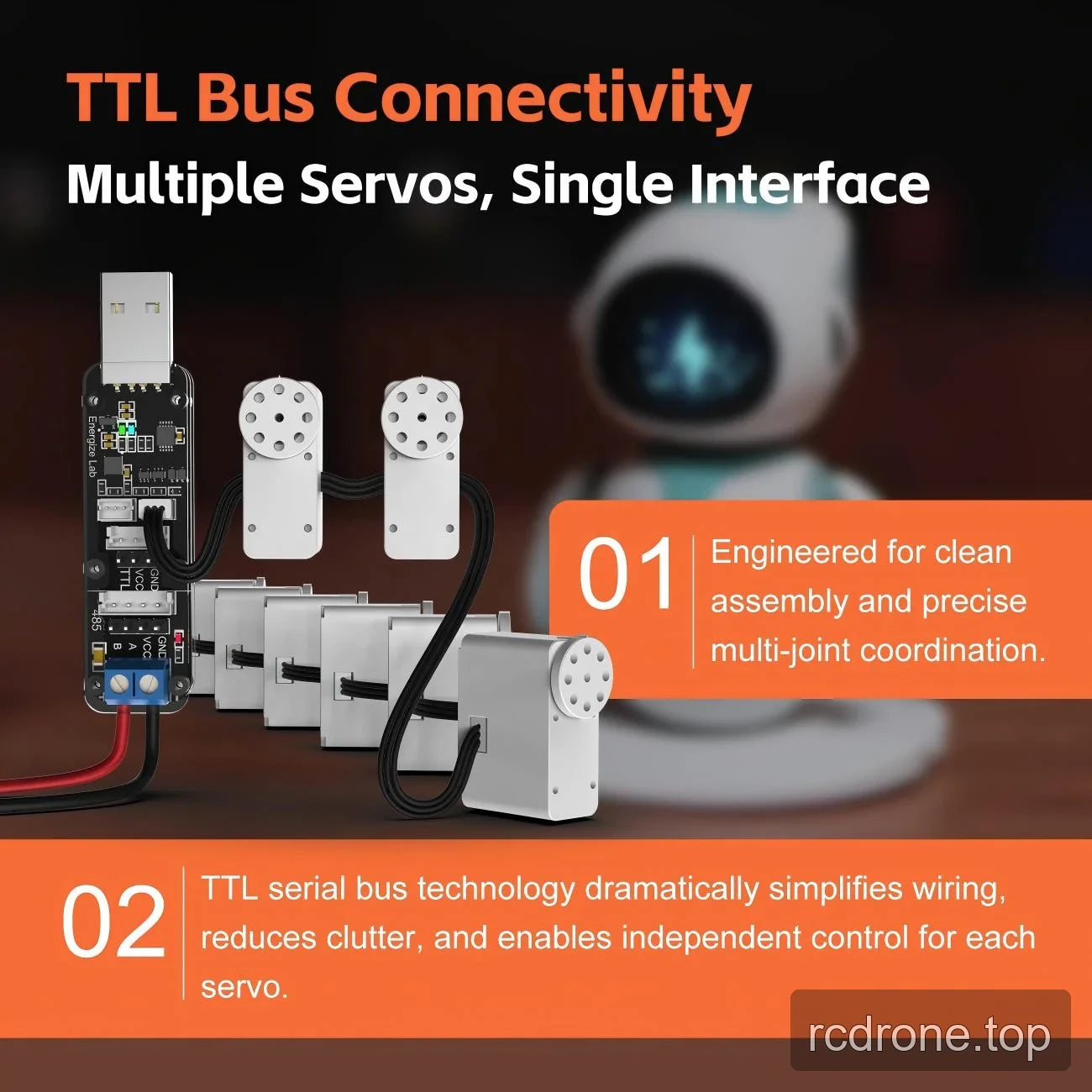 Multiple servos connected by a TTL bus to an external controller