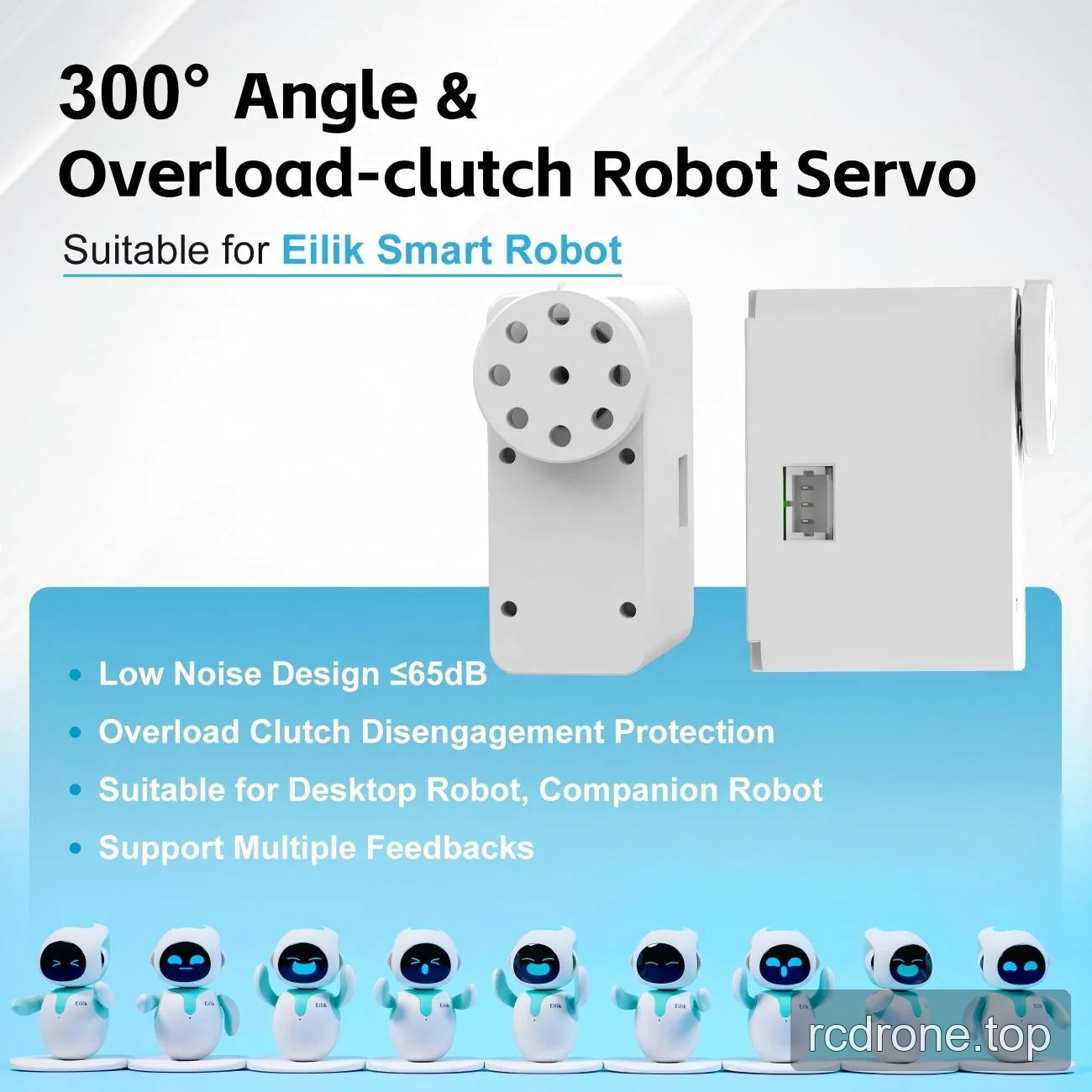 Front and side servo views with Eilik suitability and overload-clutch callouts