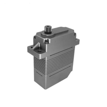 Gray servo motor viewed from above at an angle, showing the splined shaft, ribbed housing, and mounting holes.