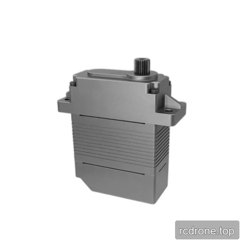 Gray servo in a three-quarter view with the shaft at upper right, ribbed casing, and mounting flanges with visible holes.