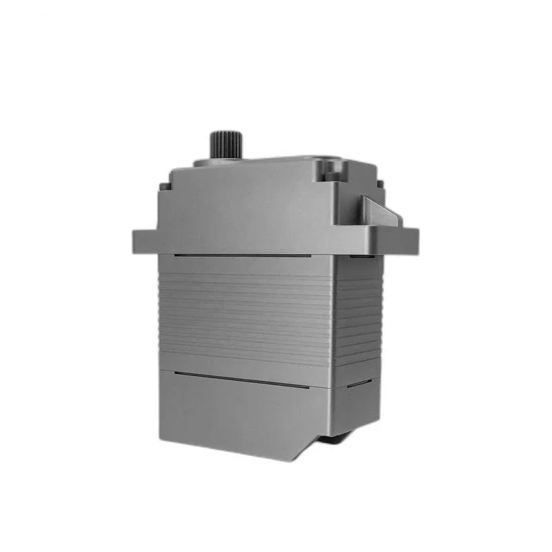 Side view of the gray servo with horizontal housing grooves, projecting mounting tabs, and a splined shaft at upper left.