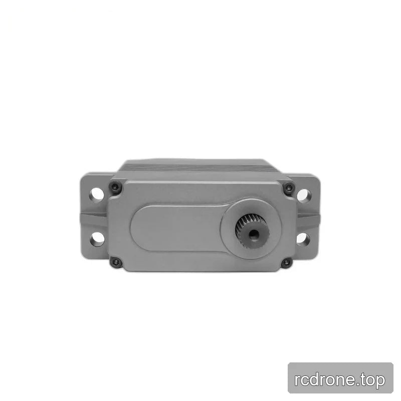 Top view of the servo showing its splined output shaft, shaped cover, four corner screws, and four mounting holes.