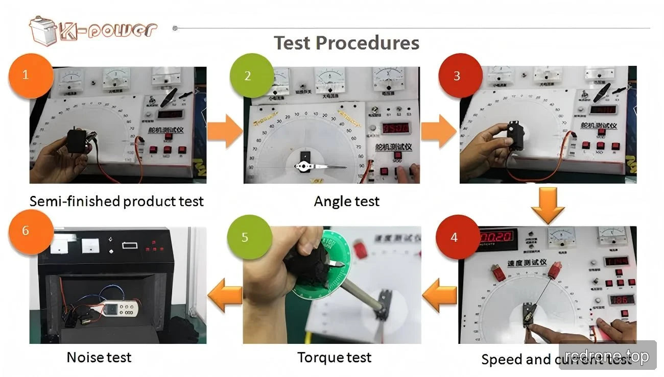Servo testing sequence covering semi-finished products, angle, speed, current, torque and noise