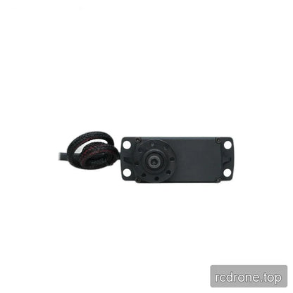 Horizontal servo output face showing the circular flange, four mounting holes, corner screws, and braided cable at left.