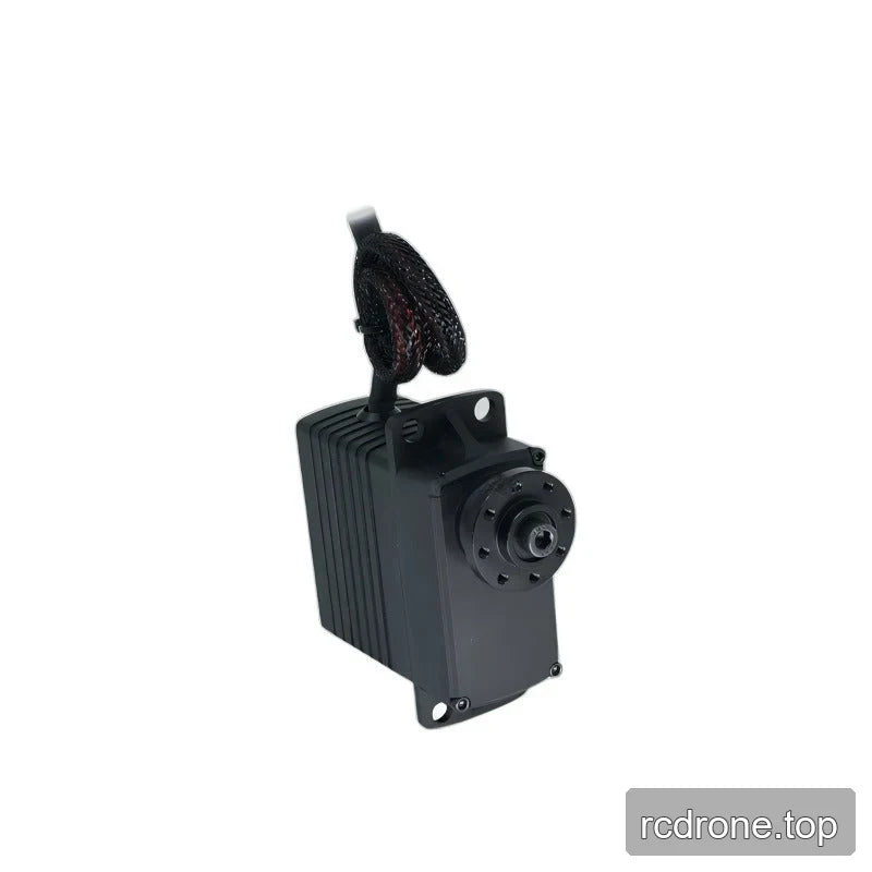 Oblique view of the servo output face, with a black circular flange, ribbed side casing, and cable loop above.