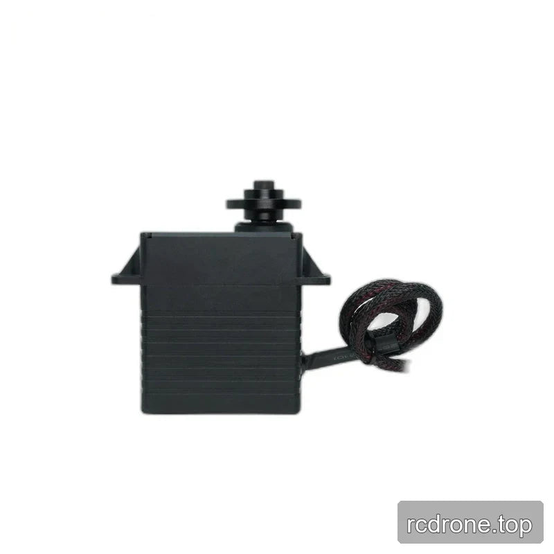 Black servo in side profile with a ribbed lower housing, output flange above, and coiled braided cable to the right.