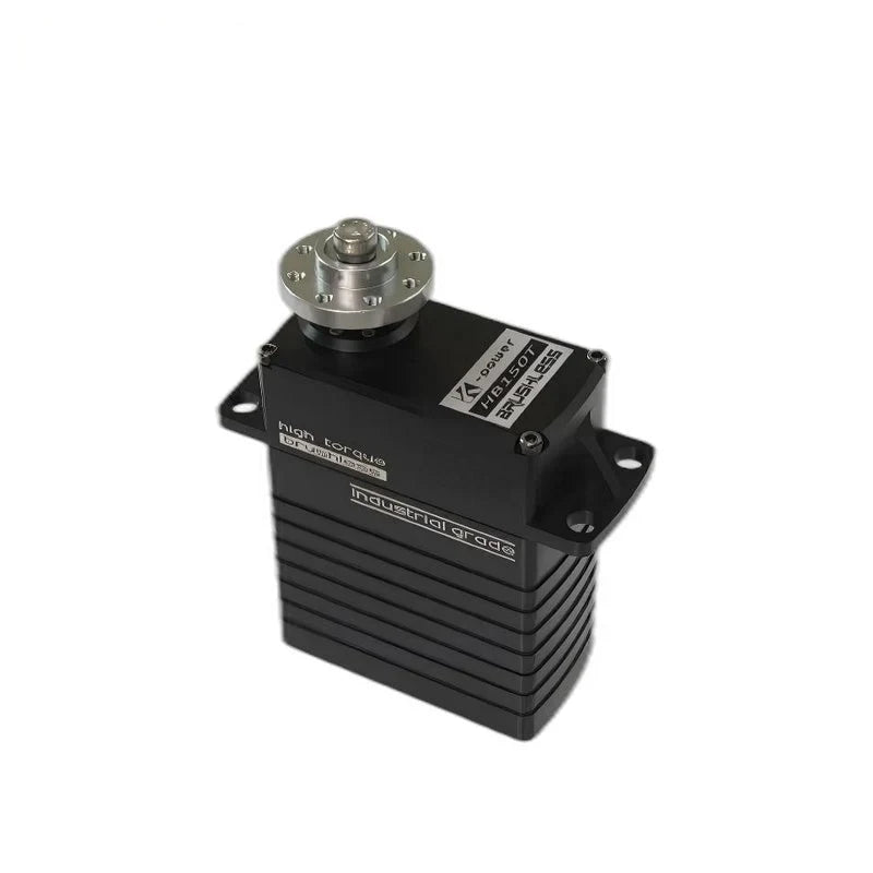 Black servo motor with silver circular output flange, ribbed housing, mounting tabs, and HB150T label.