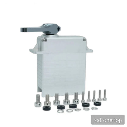 Silver servo with a metal arm fitted on top and screws, black spacers, and washers arranged in front.