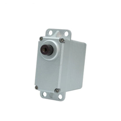 Silver servo motor at a three-quarter angle, showing the black splined shaft, front screws, and mounting tabs.