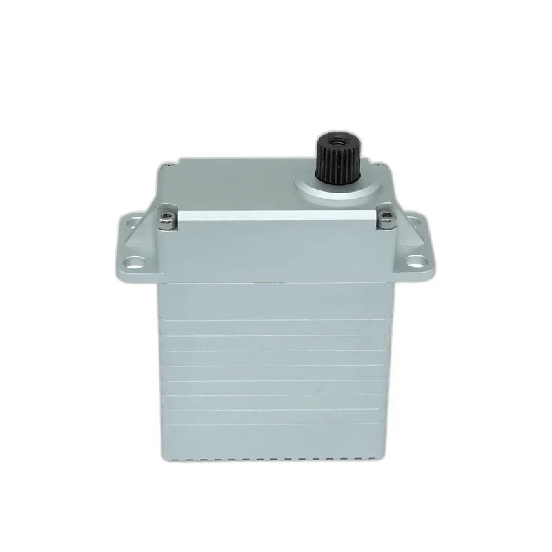 Upright silver servo with a broad grooved casing, side mounting tabs, and a black splined shaft projecting upward.
