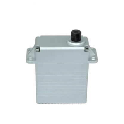 Upright silver servo with a broad grooved casing, side mounting tabs, and a black splined shaft projecting upward.