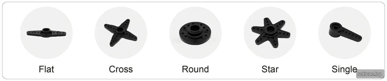 Flat, cross, round, star and single-arm servo-horn shapes