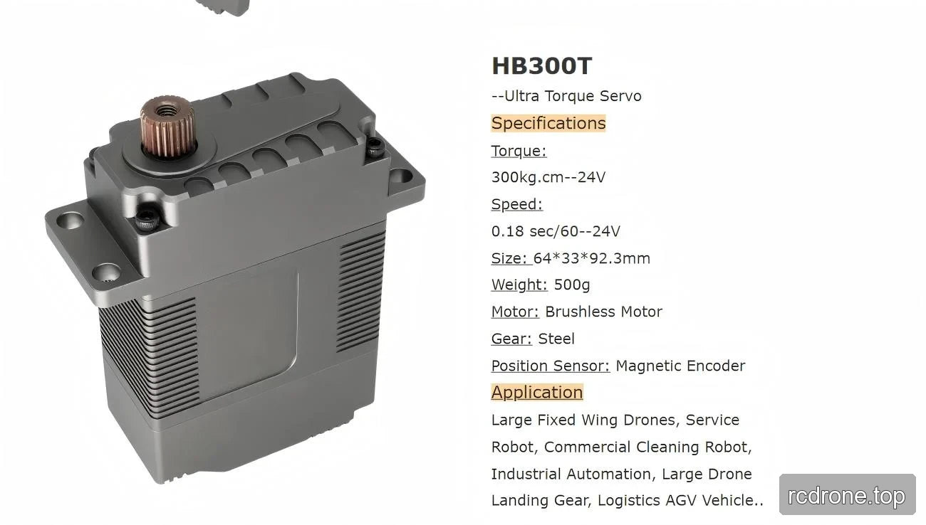 HB300T servo specification panel with 24 V torque and speed, dimensions and magnetic encoder