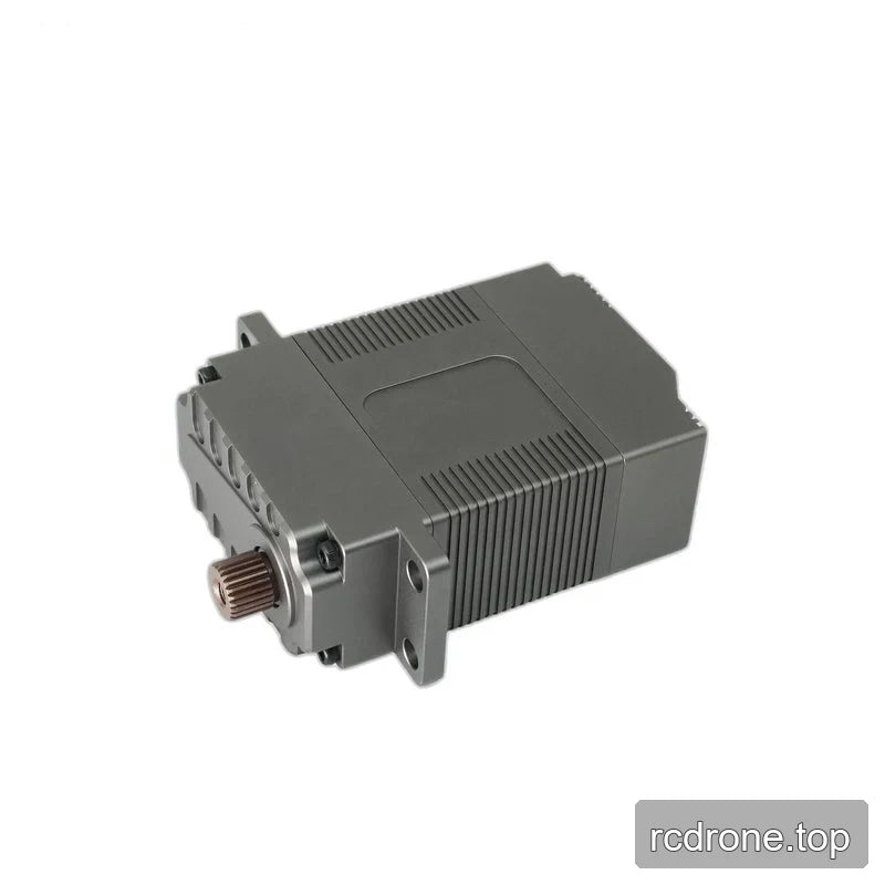 Servo motor lying diagonally with its splined shaft at the left, showing ribbed housing and two mounting holes.