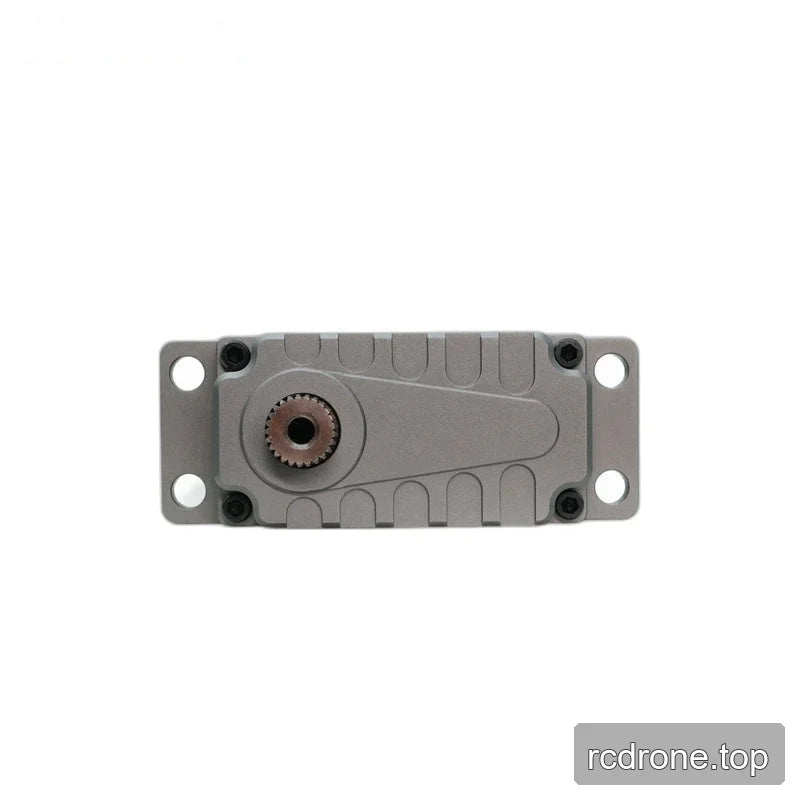 Direct view of the servo output face with an offset splined shaft, four corner screws, and four mounting holes.