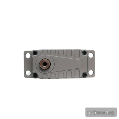 Direct view of the servo output face with an offset splined shaft, four corner screws, and four mounting holes.