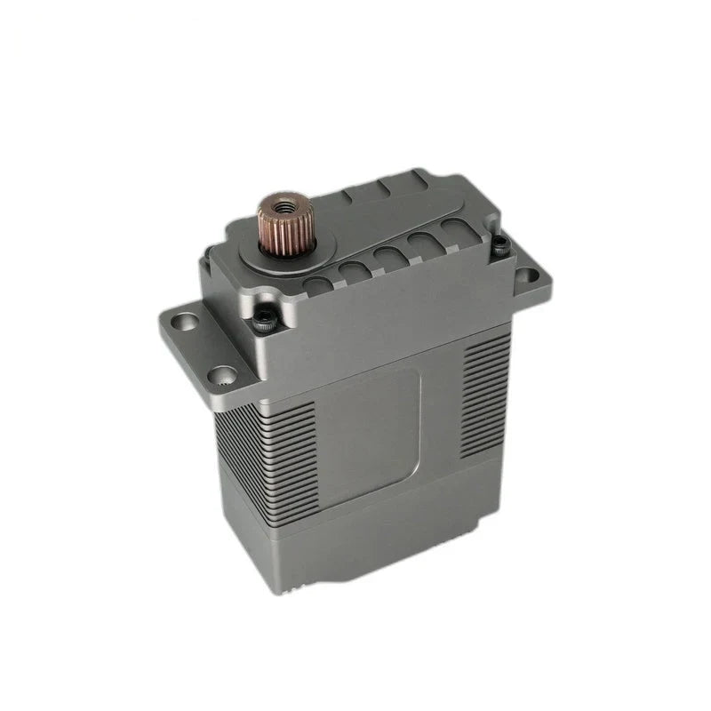 Gray servo motor viewed upright at an angle, showing the splined output shaft, ribbed casing, and mounting holes.
