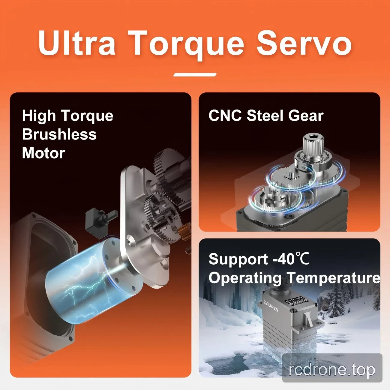 Brushless motor and CNC steel gearing feature graphic with a low-temperature claim