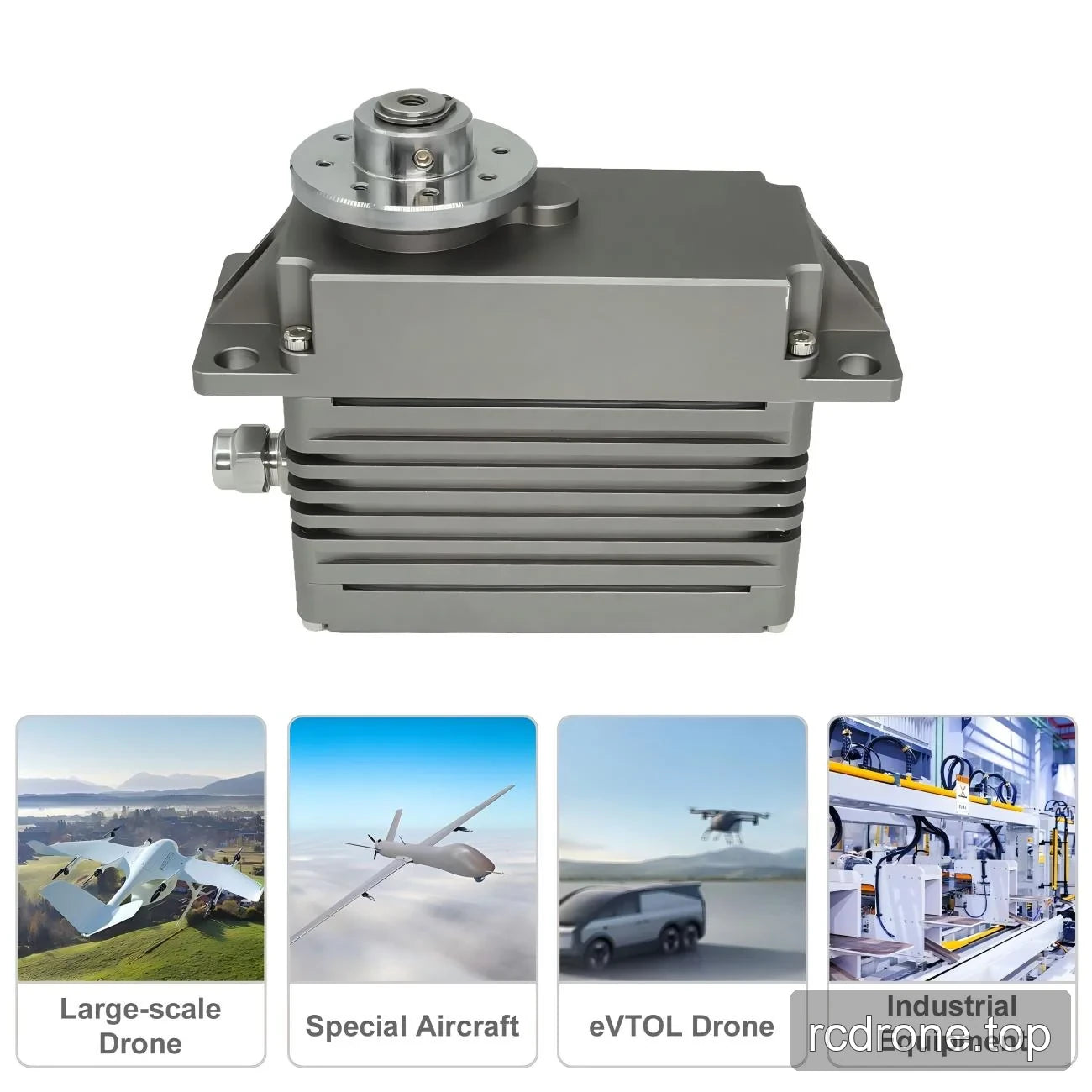 Finned servo housing and output flange beside aircraft and industrial application panels