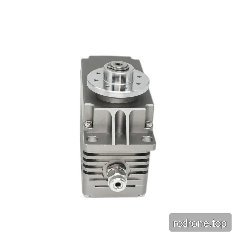 Narrow end of the gray servo showing a metal cable entry fitting, housing fins, mounting holes, and circular output hub.
