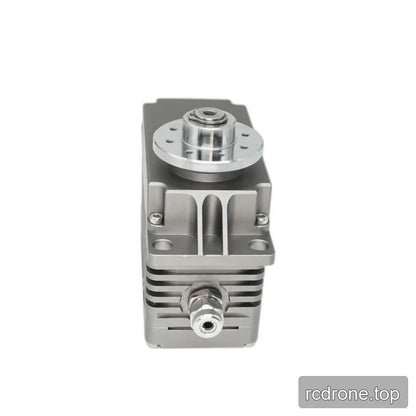 Narrow end of the gray servo showing a metal cable entry fitting, housing fins, mounting holes, and circular output hub.