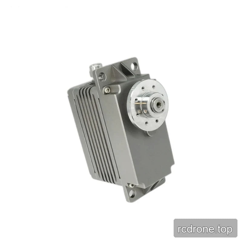 Diagonally tilted servo with a silver circular output hub, broad gray face, side fins, and mounting holes at both ends.