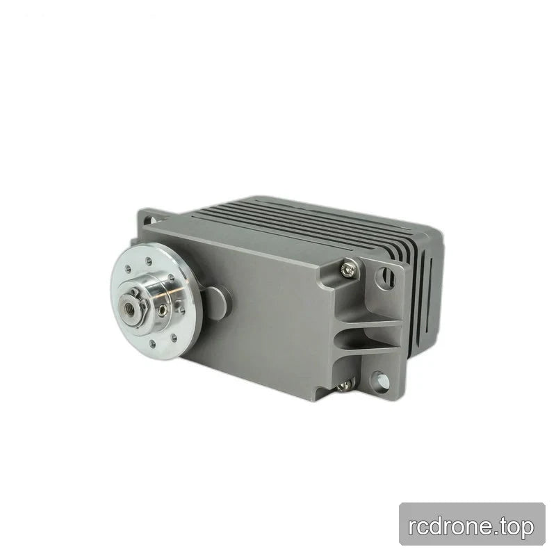 Horizontal gray servo with the circular output hub on the left, fins across the top, and mounting holes on the right.