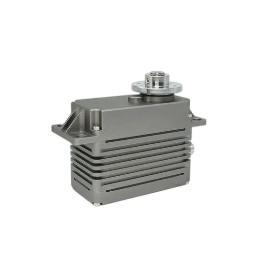 Gray servo motor viewed from the left corner, with horizontal housing fins, mounting ears, and a silver output hub.