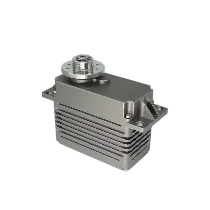 Servo motor from the right corner, showing the top output hub, finned gray housing, and reinforced mounting bracket.
