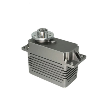 Servo motor from the right corner, showing the top output hub, finned gray housing, and reinforced mounting bracket.