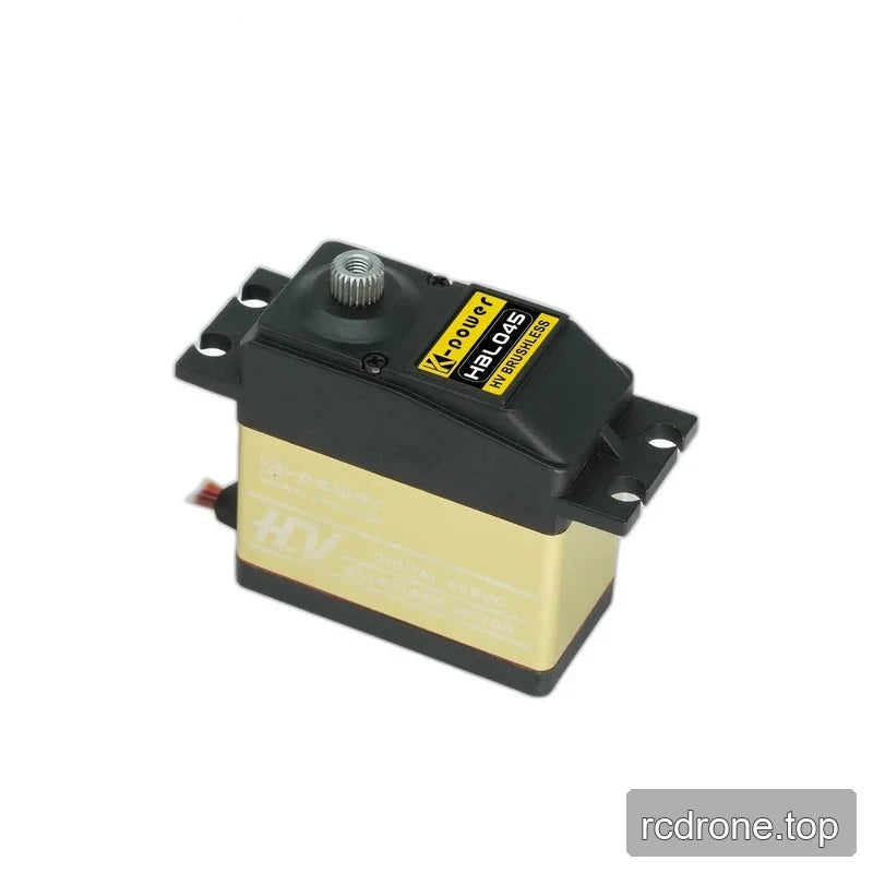 Angled view of the black and gold servo with its exposed metal output spline, broad gold side panel, and mounting tabs.