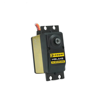 Upright Kpower HBL045 servo showing the exposed splined output shaft, yellow model label, and slotted mounting tabs.