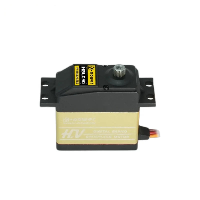 Black and gold HBL090 servo with exposed splined output shaft, mounting tabs, and a short wire segment on the right.