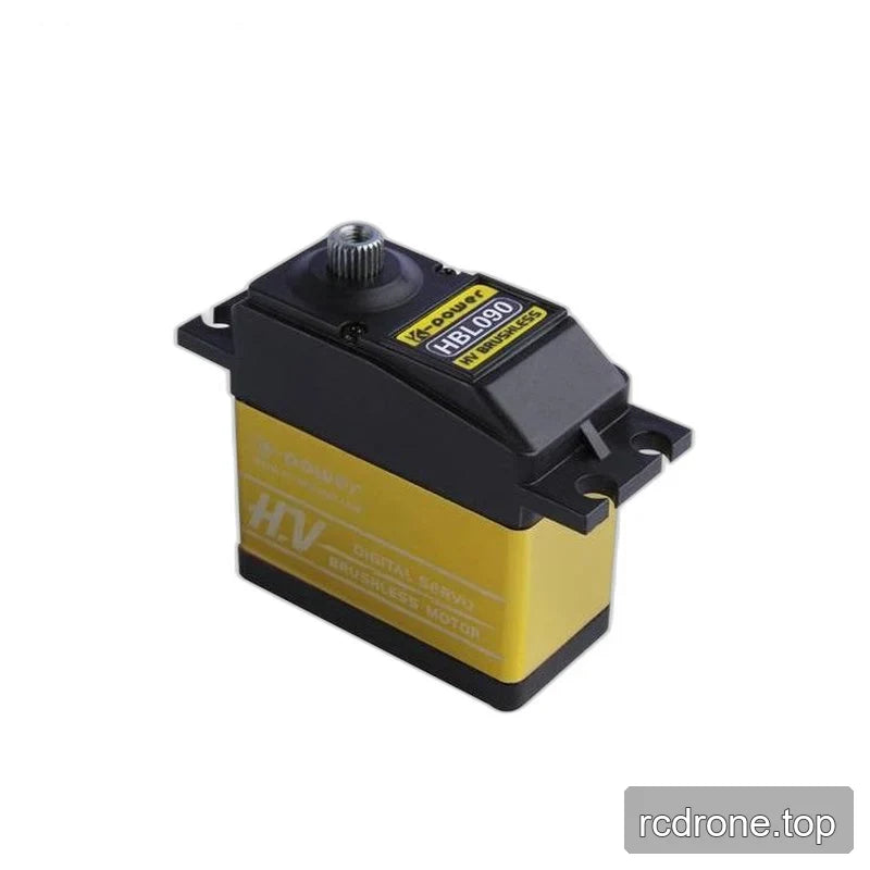 Opposite angled view of the HBL090 servo showing its bare splined shaft, top model label, gold casing, and mounting tabs.
