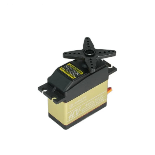 Black and gold HBL150 servo shown at an angle with an attached four-arm horn and mounting tabs.