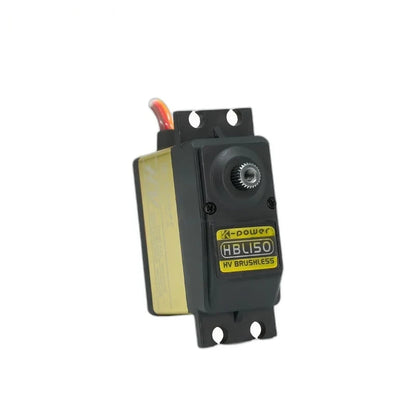 HBL150 servo without a horn, showing the splined output shaft, front label, and mounting holes.