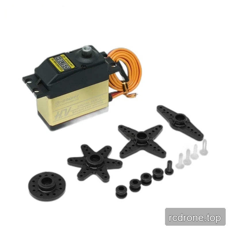 Black and gold servo with coiled lead beside circular, six-arm, four-arm, and two-arm horns and mounting hardware.