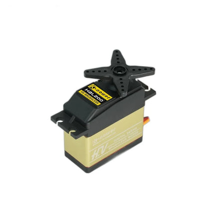 Angled view of the Kpower HBL200 servo with a black four-arm horn, gold side panel, and slotted mounting tabs.