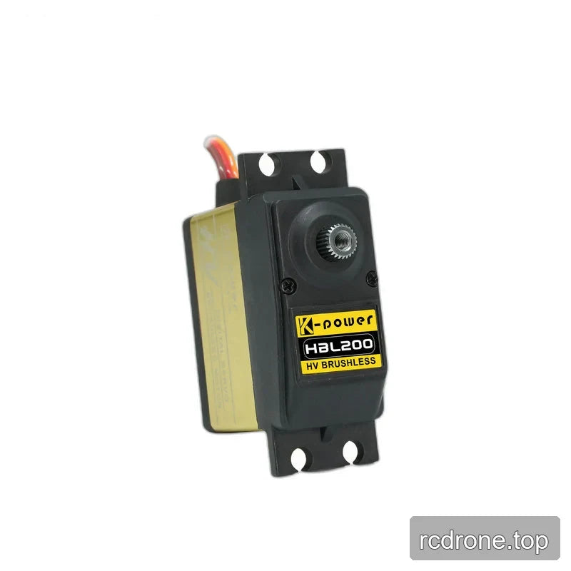 Upright Kpower servo showing the exposed splined metal shaft, HBL200 HV brushless label, and mounting holes.