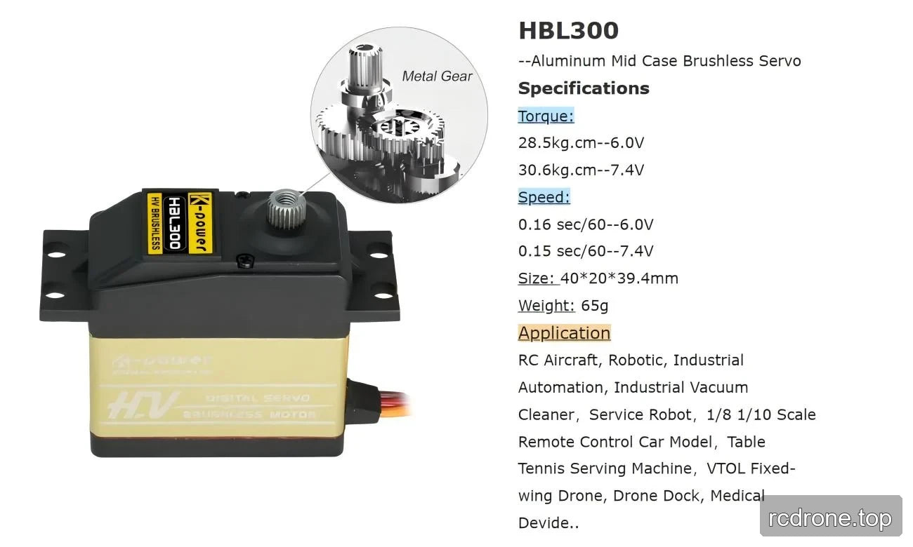 HBL300 servo, metal gears and voltage-dependent torque and speed specifications
