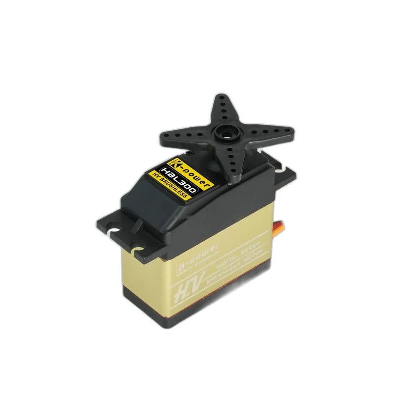 Angled HBL300 servo with a black four-arm horn fitted on top and mounting slots visible at both ends.