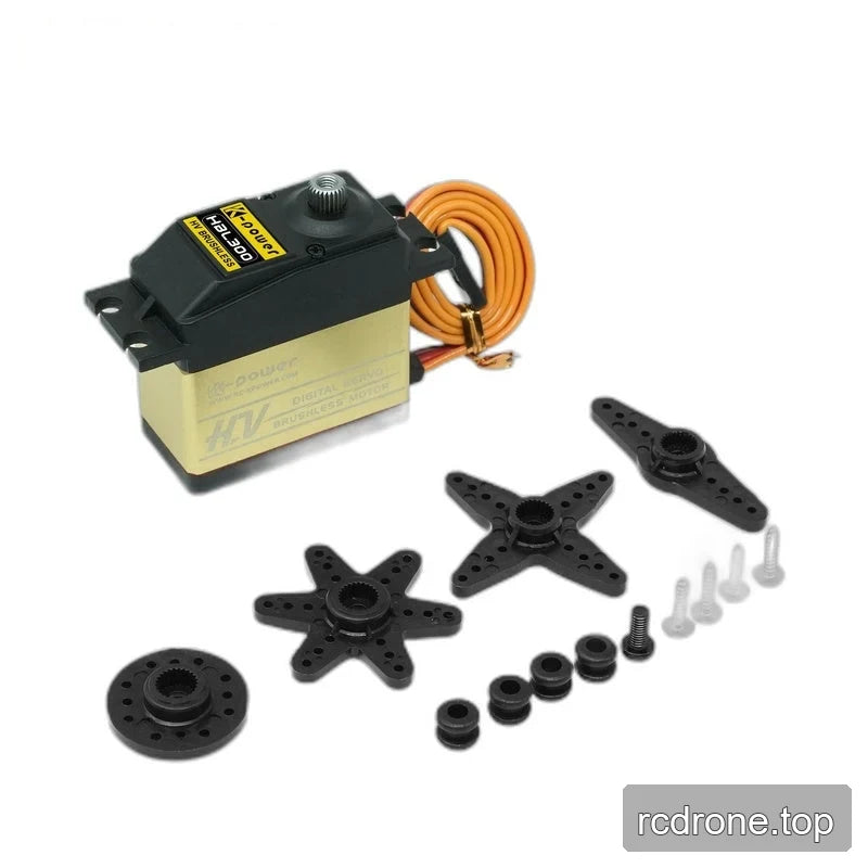 HBL300 servo with coiled lead, four differently shaped horns, screws, and black mounting hardware arranged beside it.