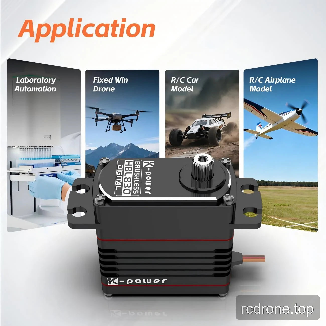 HBL830 application panel with laboratory automation, drone, RC car and airplane examples