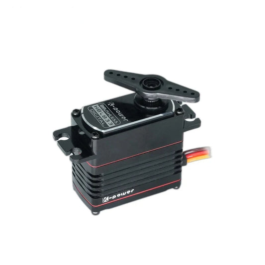 Black servo with a double-ended horn attached, ribbed housing, red trim, mounting tabs, and a wire lead.