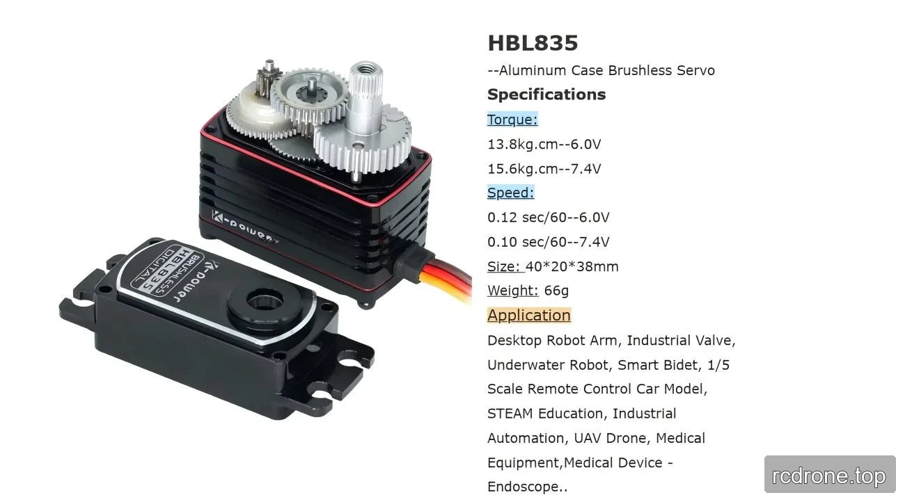 Opened HBL835 servo with exposed gears and voltage-specific torque and speed specifications