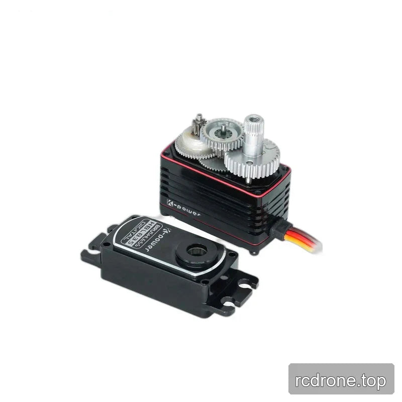 HBL835 servo with top cover removed to reveal the gear train, with the detached labeled cover placed in front.