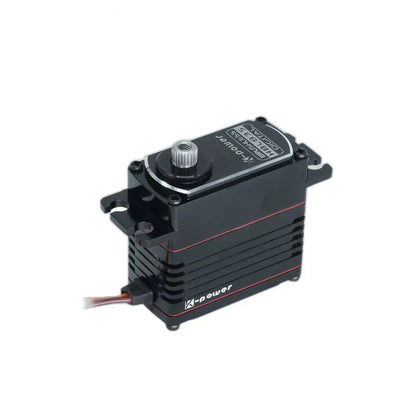 Black Kpower HBL835 servo with exposed splined shaft, ribbed housing, red trim, mounting tabs, and side cable.